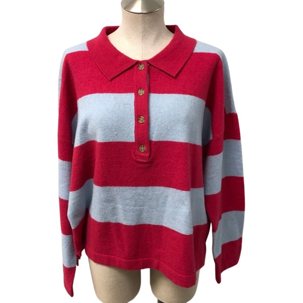 Maeve Sweater Womens Large Red Blue Striped Collared Button Pullover Wool Blend